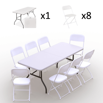 Kokkupandava mööbli komplekt: Laud 180 valge, 8 tooli Europa valged