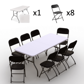 Kokkupandava mööbli komplekt: Laud 180 valge, 8 tooli Europa mustad