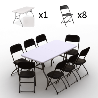 Kokkupandava mööbli komplekt: Laud 150 valge, 8 tooli Europa mustad