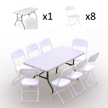 Kokkupandava mööbli komplekt: Laud 150 valge, 8 tooli Europa valged
