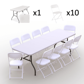 Kokkupandava mööbli komplekt: Laud 240 valge, 10 tooli Europa valged