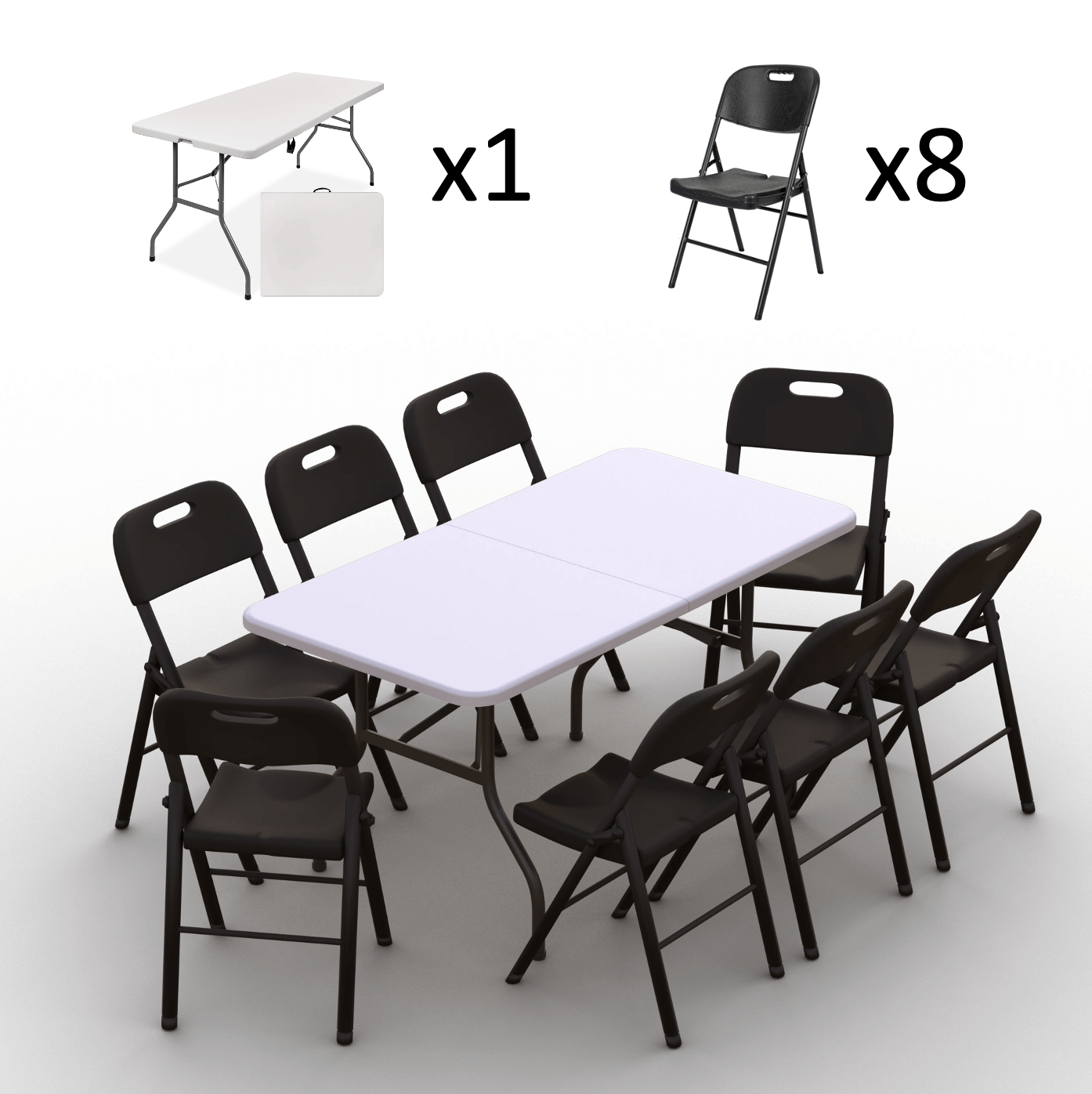Kokkupandava mööbli komplekt: Laud 150 valge, 8 tooli Premium mustad