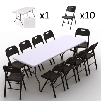 Kokkupandava mööbli komplekt: Laud 240 valge, 10 tooli Premium mustad