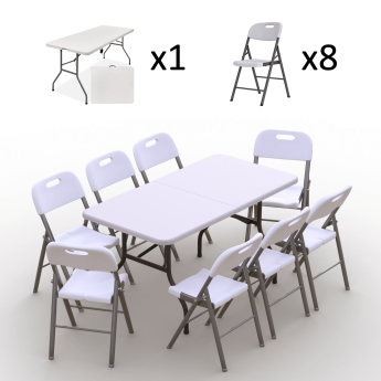 Kokkupandava mööbli komplekt: Laud 150 valge, 8 tooli Premium valged