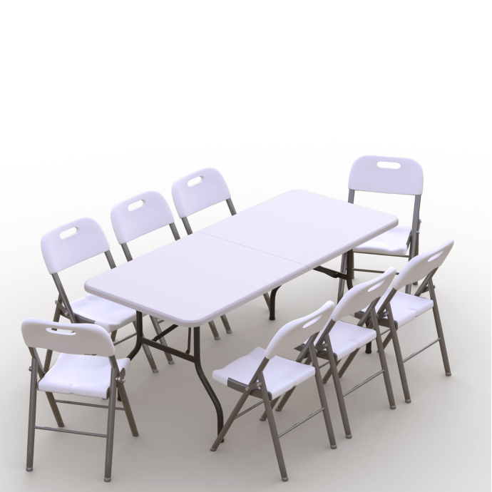 Kokkupandava mööbli komplekt: Laud 180 valge, 8 tooli Premium valged