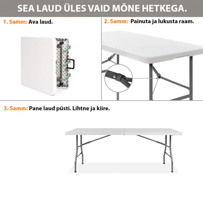 Kokkupandava mööbli komplekt: Laud 180 valge, 8 tooli Premium valged