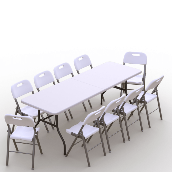 Kokkupandava mööbli komplekt: Laud 240 valge, 10 tooli Premium valged