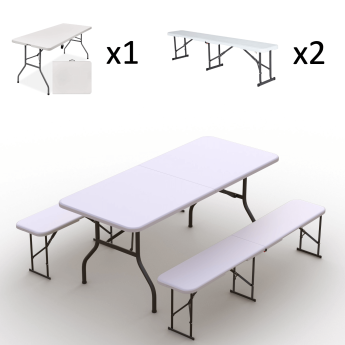 Kokkupandava mööbli komplekt Laud 180 valge, 2 pinki valged