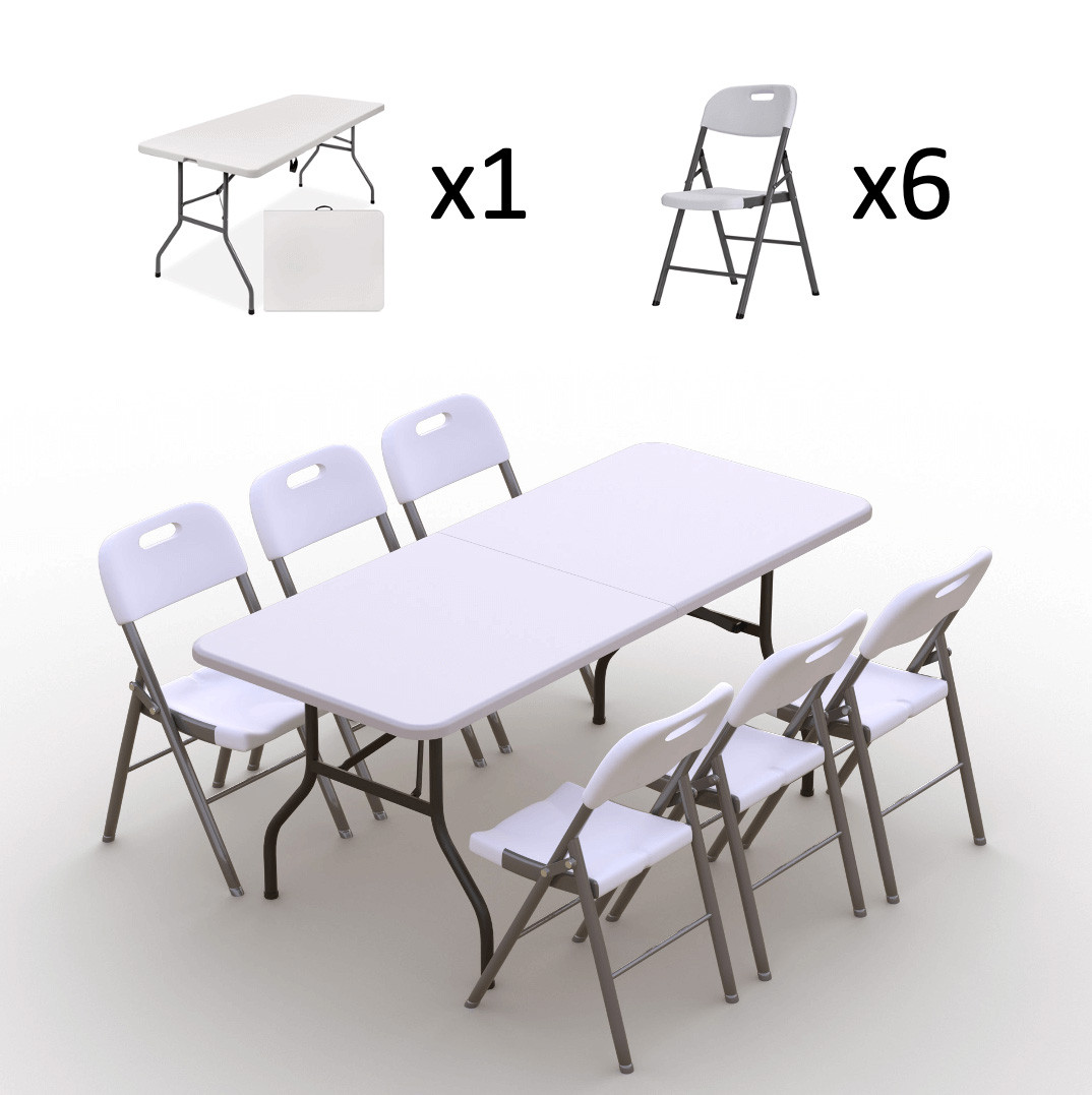 Kokkupandava mööbli komplekt: Laud 180 valge, 6 tooli Premium valged