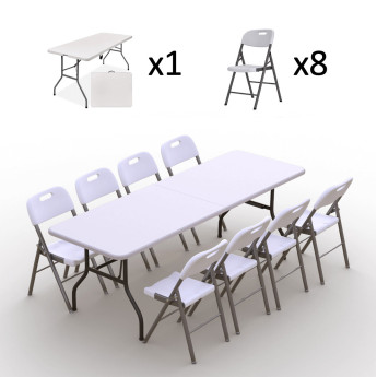 Kokkupandava mööbli komplekt: Laud 240 valge, 8 tooli Premium valged