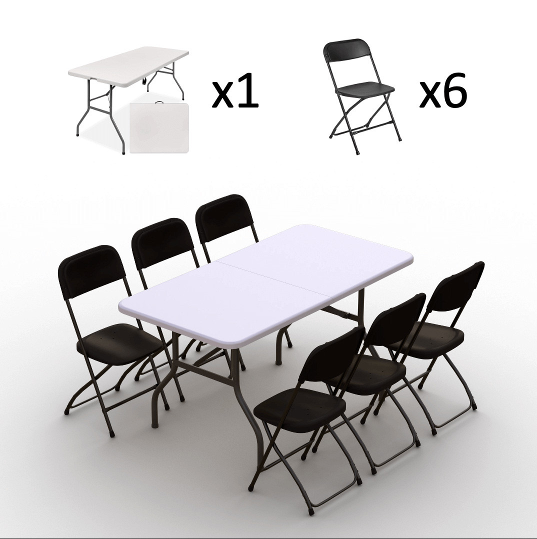 Kokkupandava mööbli komplekt: Laud 150 valge, 6 tooli Europa mustad