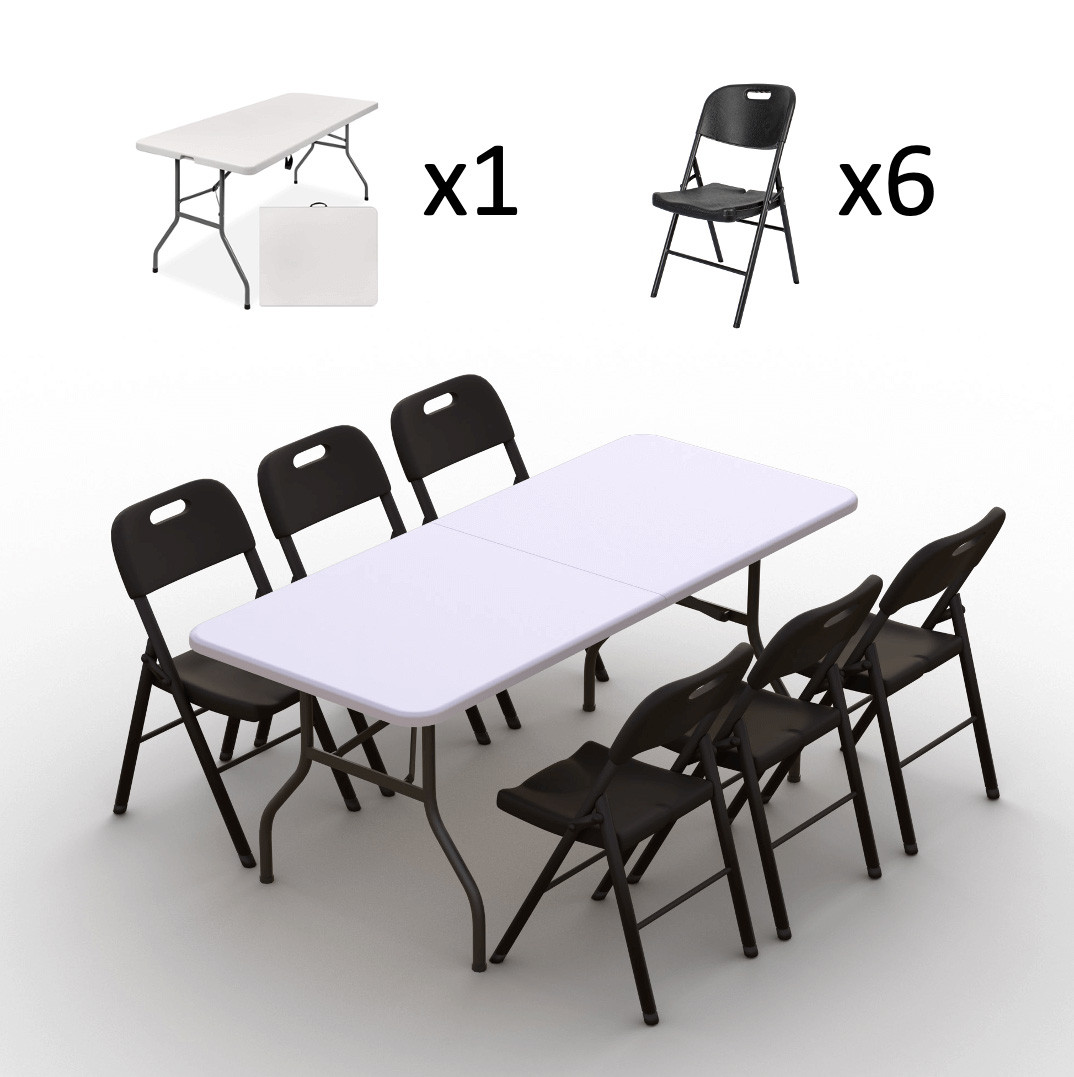 Kokkupandava mööbli komplekt: Laud 180 valge, 6 tooli Premium mustad