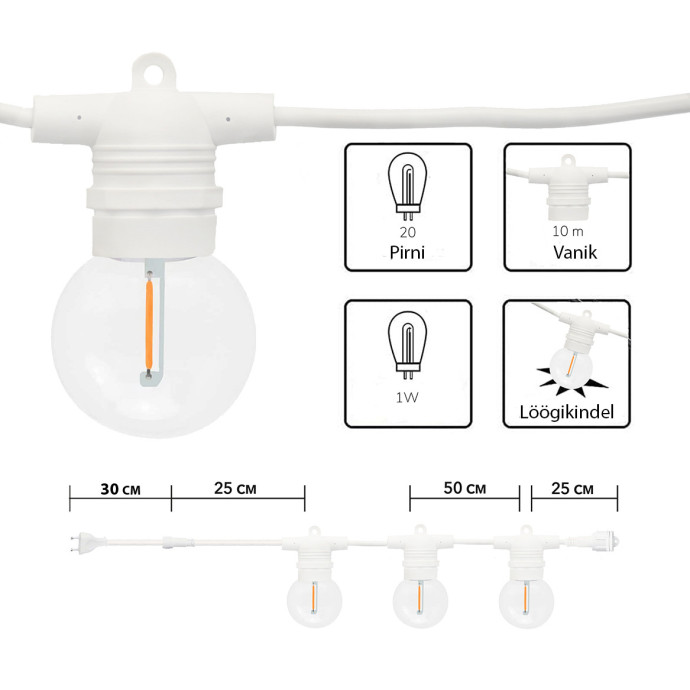 Välistingimustes kasutatav valguskett (LED tuled) 10 m Glow valge
