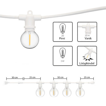 Välistingimustes kasutatav valguskett (LED tuled) 30 m Perl valge