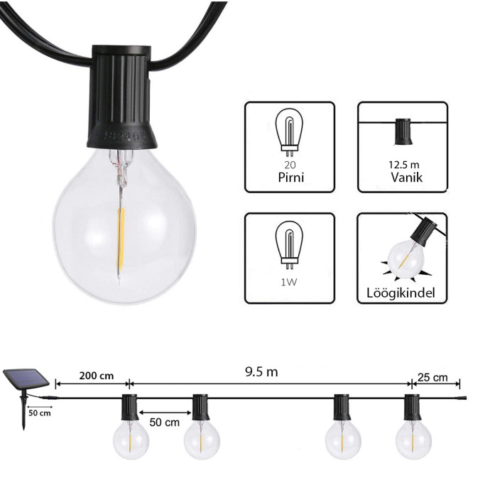 Päikesepaneeliga õue valguskett (LED) Elegance