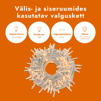 Välis- ja siseruumides kasutatav valguskett (LED tuled) 10 m PROLED valge Välis- ja siseruumides kasutatav valguskett (LED tuled) 10 m PROLED valge
