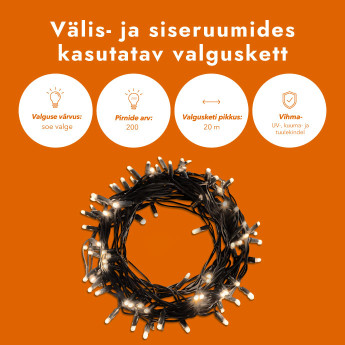 Välis- ja siseruumides kasutatav valguskett (LED tuled) 20 m PROLED must