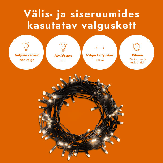 Välis- ja siseruumides kasutatav valguskett (LED tuled) 20 m PROLED must