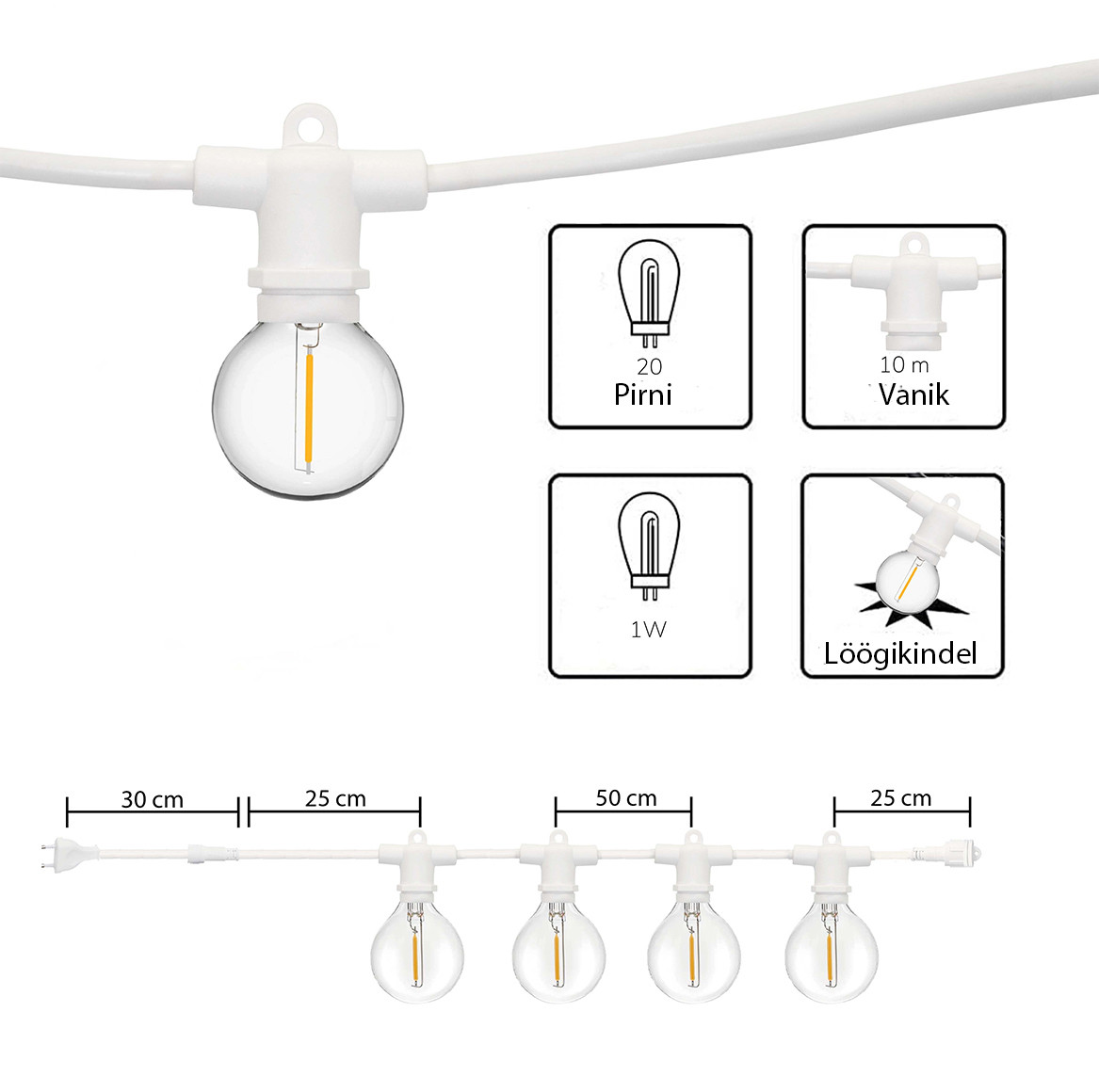 Välistingimustes kasutatav valguskett (LED tuled) 10 m Perl valge